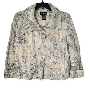 SC Collection Beige Gold Blue Linen Animal Print Jacket Metallic Zip Coat Size14
